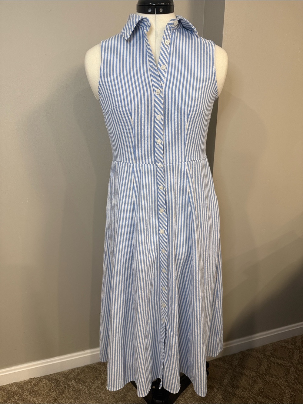 Tommy Hilfiger seersucker collared shirt dress blue and white no belt tie maxi - Picture 8 of 8